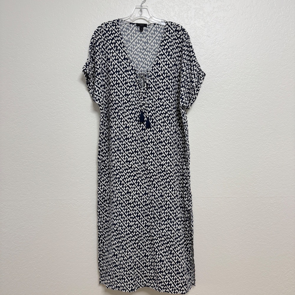 J.Crew‎ Dress Womens Medium Blue White Heart Print Tassel Midi Coastal Resort
